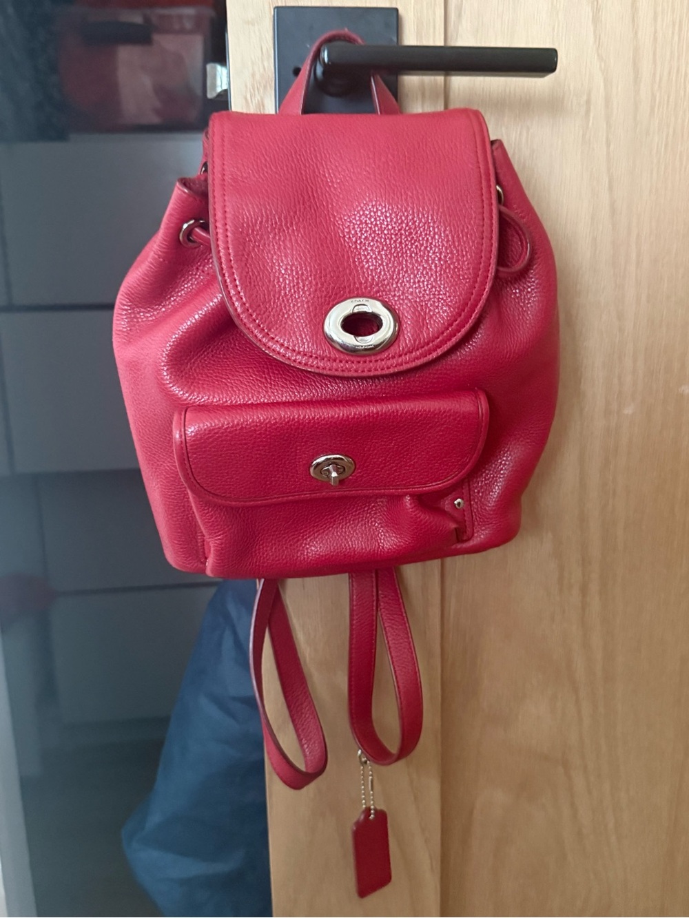 Coach Red Pebbled Leather Mini Backpack with Turn-Lock Detail